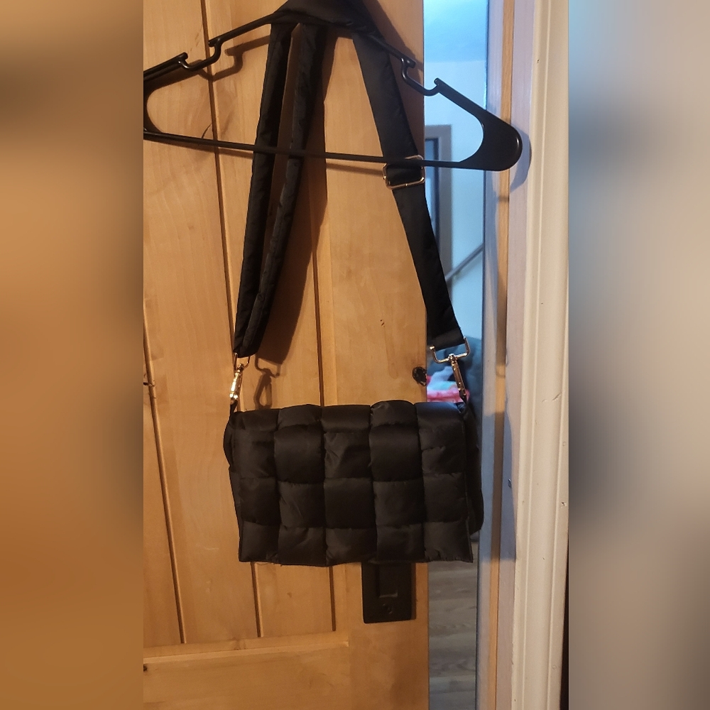 Black woven puffer nylon crossbody